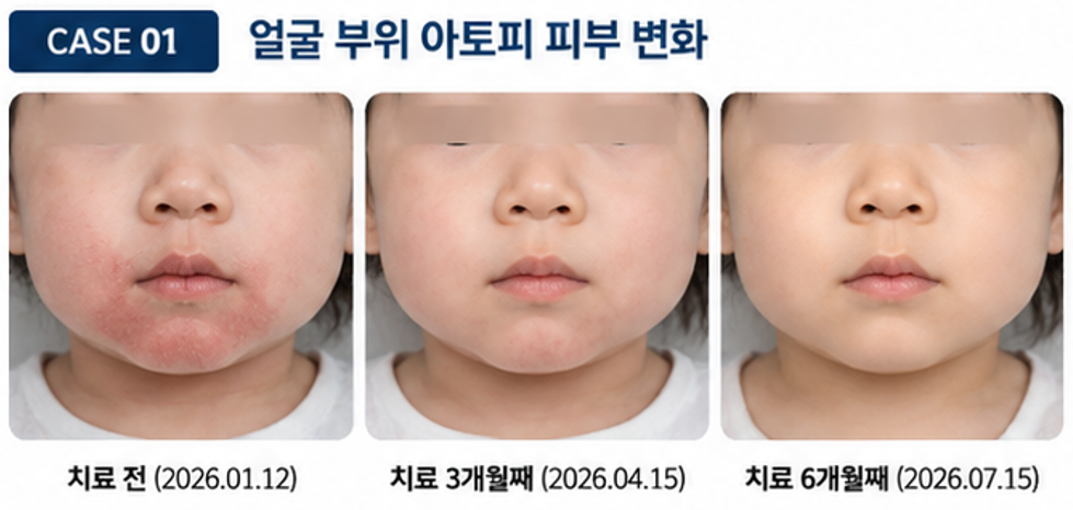 정면 얼굴 아토피 치료 전 치료 3개월째 치료 6개월째